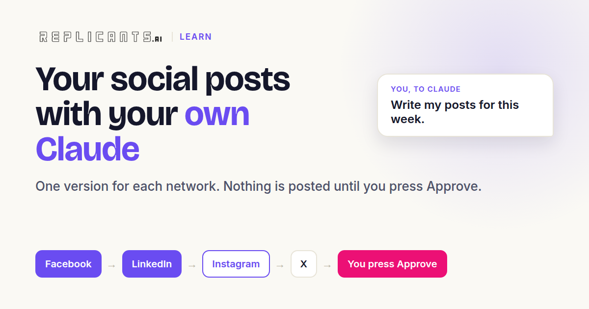 Your social posts, written by your own Claude and waiting for your yes. Nothing is posted until you press Approve.